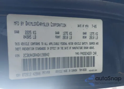 2006 Chrysler 300 from USA, damaged, VIN 2C3KA43R46H198842